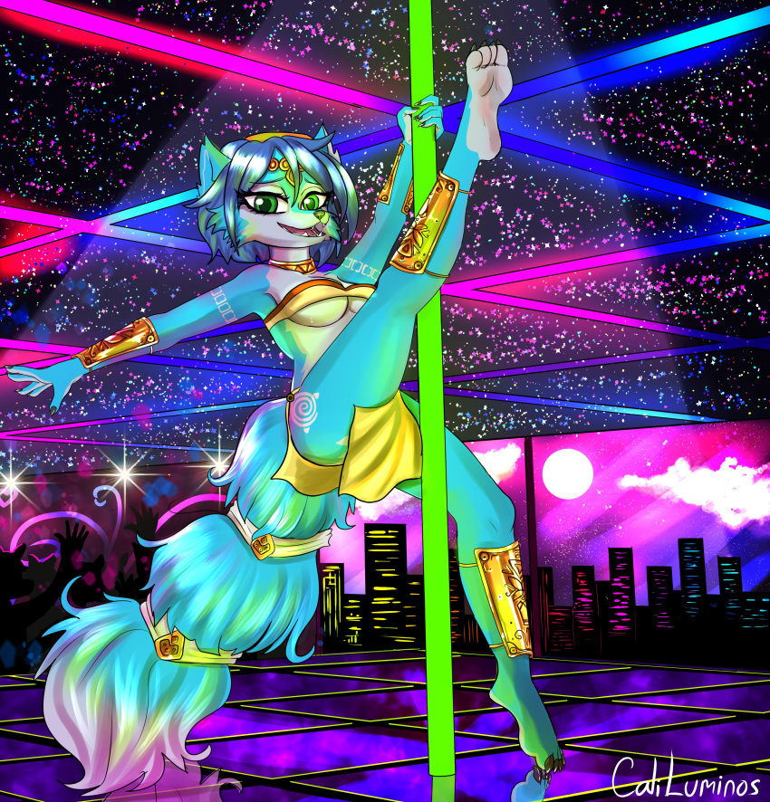 absurd_res anthro caliluminos canid canine dancing english_text female fishnet fox gamecube hi_res krystal mammal nintendo pole pole_dancing rave retro solo star_fox text video_games