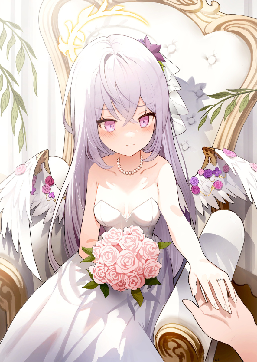 1girl 1other absurdres alternate_costume angel_wings azusa_(blue_archive) bangs bare_shoulders blue_archive blush bouquet breasts bridal_veil bride cleavage closed_mouth collarbone dress eyebrows_visible_through_hair feathered_wings flower hair_between_eyes highres holding holding_bouquet jewelry long_hair looking_at_viewer medium_breasts necklace out_of_frame pink_flower pink_rose pov pov_hands purple_eyes rose solo_focus strapless strapless_dress tikakaa veil very_long_hair wedding_dress white_dress white_flower white_hair white_rose white_wings wings