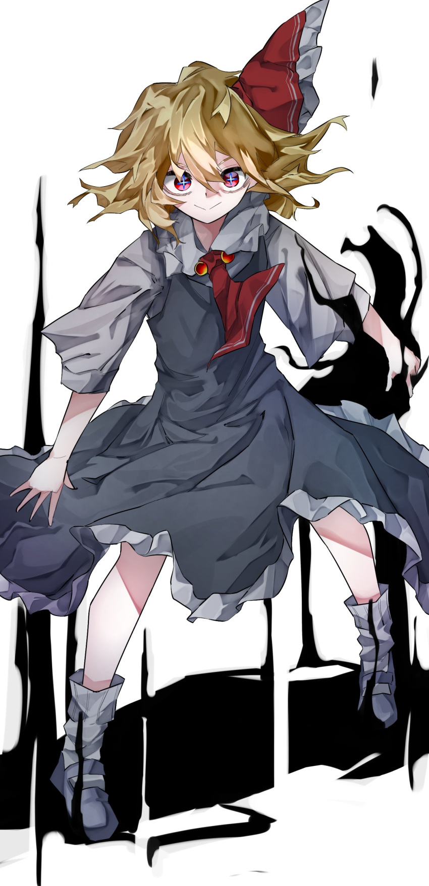 1girl absurdres black_vest blonde_hair darkness frilled_skirt frills full_body hair_ribbon highres long_sleeves looking_at_viewer necktie red_eyes red_necktie ribbon rumia shirt short_hair skirt smile socks solo touhou vest vivo_(vivo_sun_0222) white_background white_shirt youkai