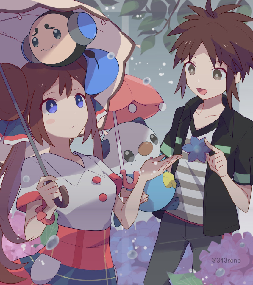 1boy 1girl 343rone bangs black_shirt blue_eyes blush_stickers bright_pupils brown_hair buttons closed_mouth commentary_request double_bun grey_pants high-waist_skirt highres holding holding_umbrella long_hair looking_up nate_(pokemon) on_head open_clothes open_shirt oshawott pants pokemon pokemon_(creature) pokemon_(game) pokemon_bw2 pokemon_on_head pokestar_studios rosa_(pokemon) shirt short_sleeves skirt twintails twitter_username tympole umbrella undershirt water_drop