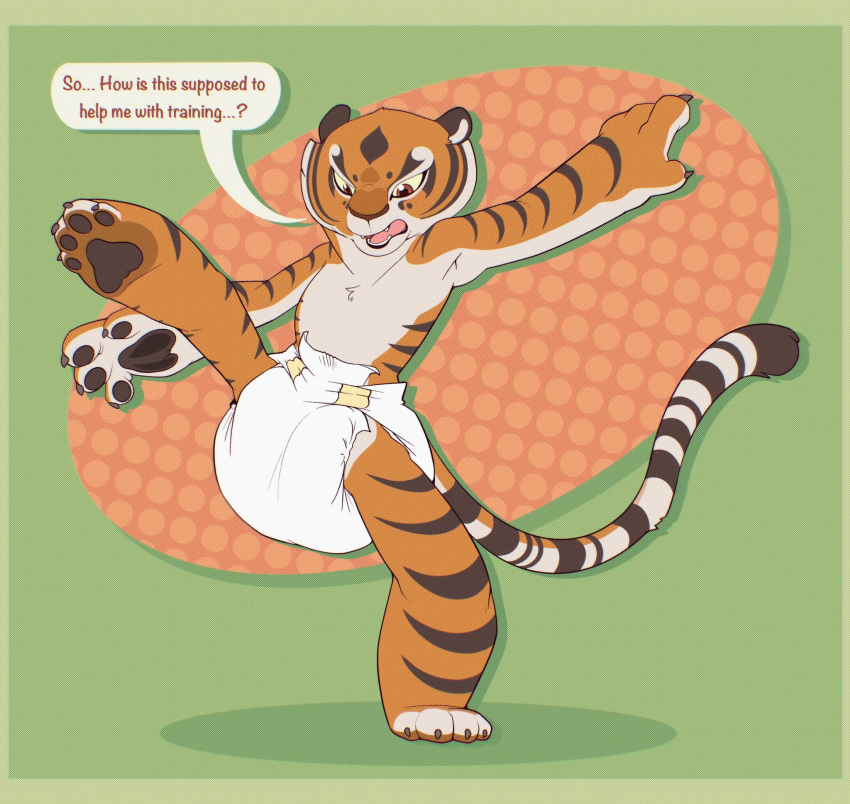 anthro balancing claws cuddlehooves dialogue diaper dreamworks felid female hi_res kung_fu_panda mammal master_tigress on_one_leg one_leg_up open_mouth pantherine pawpads paws raised_leg solo speech_bubble standing teeth tiger