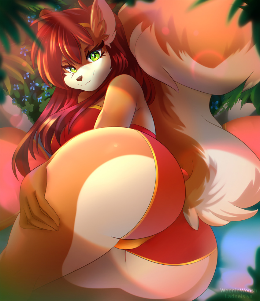 2022 anthro bottomwear butt clothing collaboration disney female fur green_eyes hi_res ladnelsiya looking_at_viewer mammal red_bottomwear red_clothing rodent sciurid smile solo thick_ass thick_butt weeniewonsh wide_hips