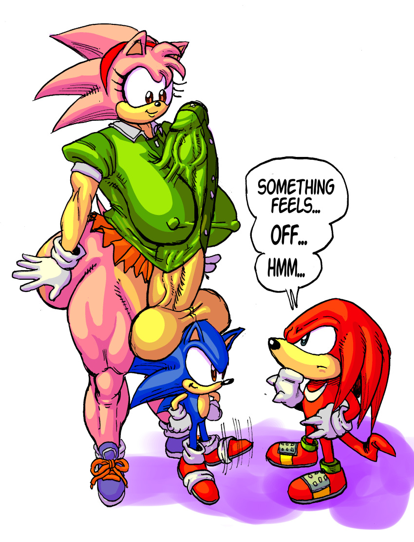 ... absurd_res anthro autotitfuck ball_hat balls big_balls big_breasts big_butt big_penis blue_body bottomwear breast_play breasts butt classic_amy_rose classic_sonic_(universe) clothed clothing crossgender echidna english_text erection erection_under_clothing eulipotyphlan footwear ftg_crossgender fti_crossgender genitals gloves goudadunn group gynomorph handwear hedgehog hi_res huge_breasts huge_butt huge_penis hyper hyper_genitalia hyper_penis intersex knuckles_the_echidna larger_gynomorph larger_intersex male mammal masturbation monotreme multicolored_body nipple_outline oblivious penis pink_body red_body sega shirt shoes size_difference skirt smaller_male smile sonic_the_hedgehog sonic_the_hedgehog_(series) speech_bubble text topwear trio two_tone_body