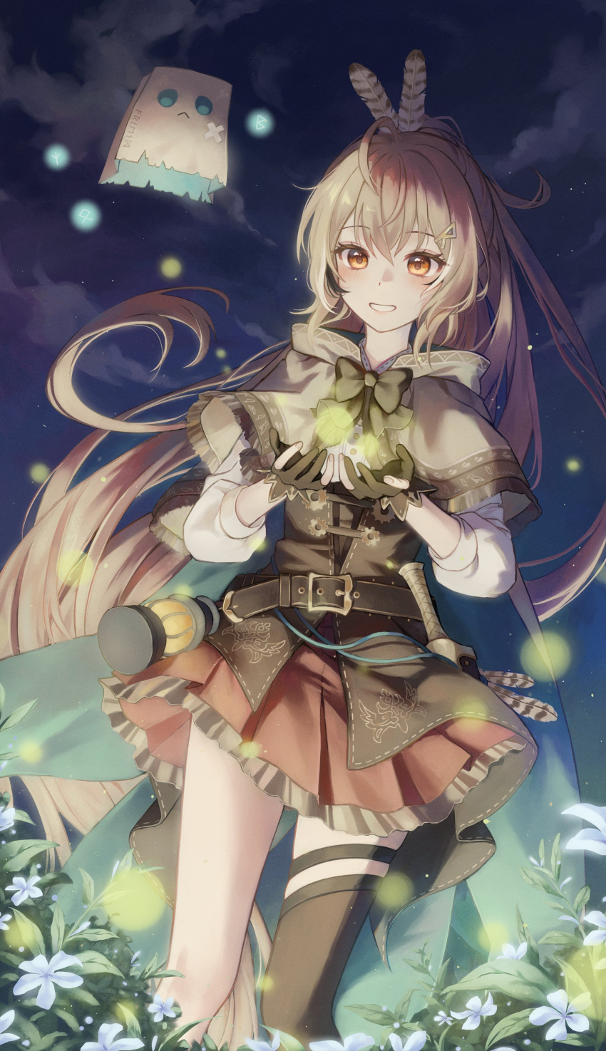 1girl absurdres ahoge bag bangs belt brown_capelet brown_cloak brown_corset brown_eyes brown_hair cape capelet cloak cloud cloudy_sky corset dagger feather_hair_ornament feathers fireflies flower flower_request foliage friend_(nanashi_mumei) grin hair_ornament hieroglyphics highres hololive hololive_english knife lantern long_hair multicolored_hair nanashi_mumei narebi night night_sky paper_bag partially_visible_vulva pleated_skirt ponytail red_skirt ribbon runes shirt single_thighhigh skirt sky smile star_(sky) starry_sky streaked_hair thigh_strap thighhighs very_long_hair virtual_youtuber weapon white_shirt