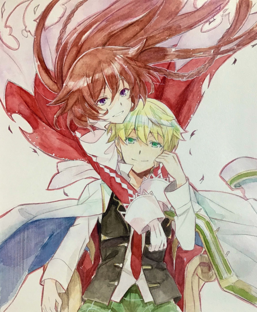 1boy 1girl alice_(pandora_hearts) blonde_hair braid brown_hair closed_mouth green_eyes highres kobayashi_chizuru long_hair looking_at_viewer necktie open_mouth oz_vessalius pandora_hearts purple_eyes simple_background smile very_long_hair