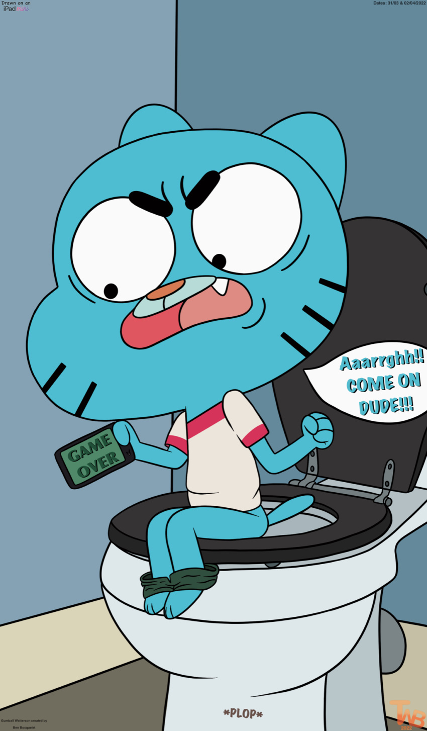 4_fingers angry black_eyes blue_body bottomwear bottomwear_down cartoon_network clothed clothing domestic_cat eyebrows fangs felid feline felis fingers gumball_watterson hi_res male mammal open_mouth pants pants_down partially_clothed sound_effects the_amazing_world_of_gumball thedispenser69 tongue whiskers yelling young
