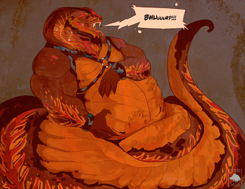 anthro belly big_belly burping cobra hand_on_stomach male muscular muscular_male reptile same_size_vore scalie snake vetrowolf vore