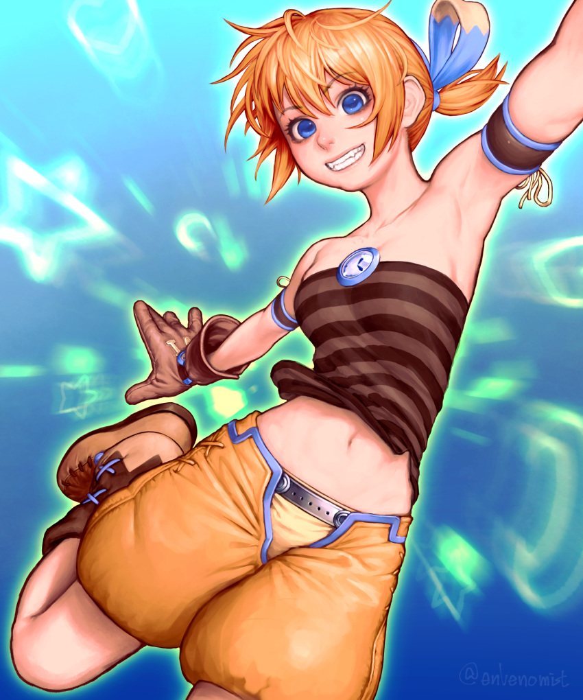 1girl armpits bare_shoulders blue_eyes breasts copyright_request foot_out_of_frame gengoroumaru_(ambidextrous) gloves grin highres looking_at_viewer medium_breasts midriff navel orange_hair short_twintails shorts simple_background smile solo star_(symbol) strapless tube_top twintails