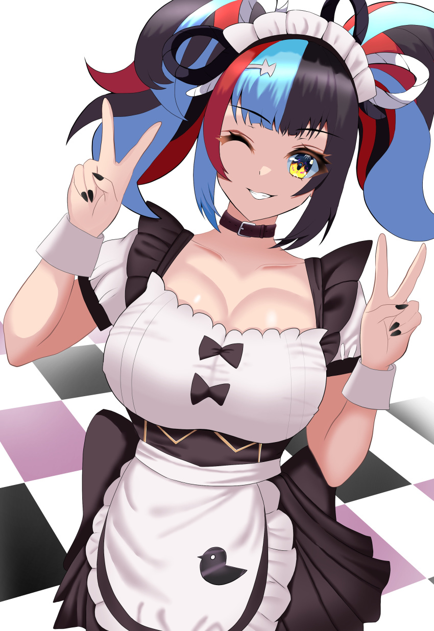 1girl absurdres alternate_costume apron black_nails breasts checkered_floor collar double_v enmaided fate/grand_order fate_(series) grin highres large_breasts maid maid_apron maid_day maid_headdress multicolored_hair one_eye_closed puti_tomato19 sei_shounagon_(fate) smile twintails v wrist_cuffs yellow_eyes