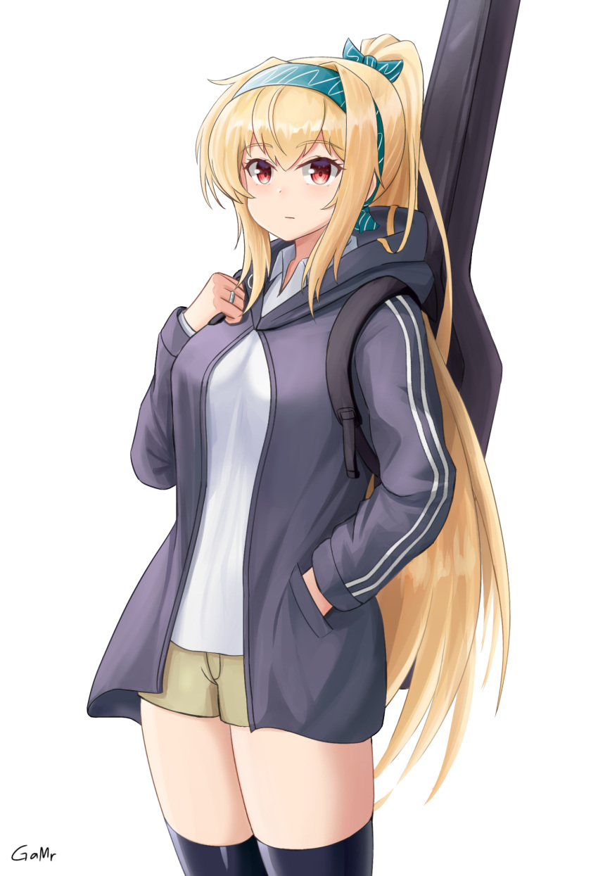 1girl alternate_costume artist_name backpack bag bangs black_legwear blonde_hair bow breasts brown_shorts closed_mouth english_commentary eyebrows_visible_through_hair feet_out_of_frame gamryous girls'_frontline green_bow green_hairband grey_hoodie hair_bow hairband hand_in_pocket hand_on_own_chest highres hood hooded_jacket hoodie jacket long_hair looking_at_viewer ponytail red_eyes shirt shorts solo standing sv-98_(girls'_frontline) thighhighs weapon_case white_background white_shirt