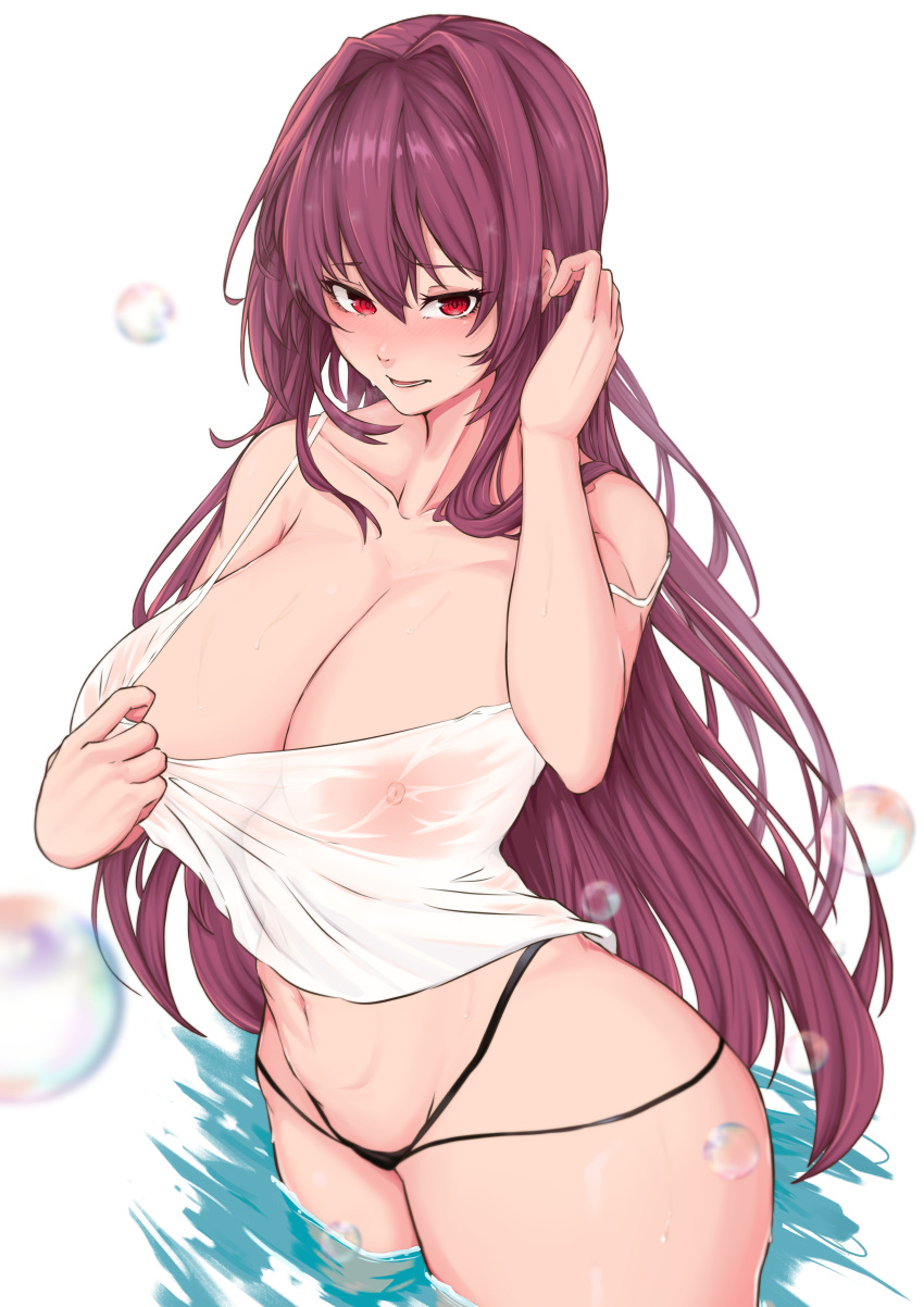 1girl absurdres bikini bikini_bottom_only blush breasts collarbone fate/grand_order fate_(series) hair_intakes highres large_breasts long_hair looking_at_viewer nipples open_mouth partially_submerged purple_hair red_eyes scathach_(fate) see-through simple_background solo swimsuit tank_top vank0art very_long_hair water wet wet_clothes white_background