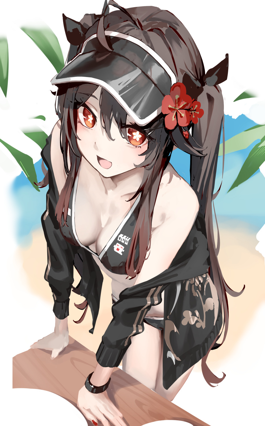 1girl :d absurdres ahoge bare_shoulders bikini black_bikini black_hair black_jacket breasts flower genshin_impact hair_flower hair_ornament hair_ribbon highres hu_tao_(genshin_impact) jacket long_hair long_sleeves looking_at_viewer medium_breasts off_shoulder open_clothes open_jacket open_mouth red_eyes ribbon sidelocks smile solo star-shaped_pupils star_(symbol) swimsuit symbol-shaped_pupils thighs twintails visor_cap wristband xkirara39x