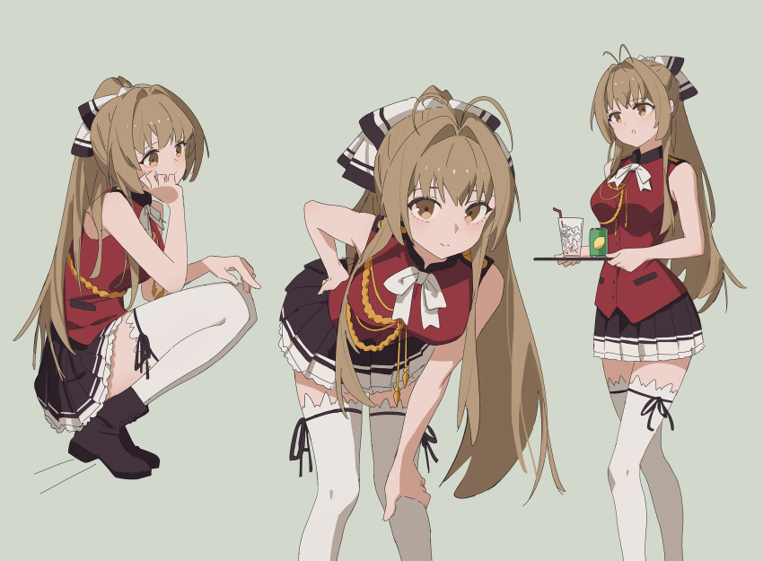 08191224k 1girl aiguillette amagi_brilliant_park antenna_hair black_skirt boots bow breasts brown_eyes brown_footwear brown_hair can cup drinking_straw grey_background hair_bow highres holding holding_tray large_breasts long_hair looking_at_viewer miniskirt multiple_views pleated_skirt ponytail sento_isuzu simple_background skirt sleeveless squatting thighhighs tray white_bow white_legwear