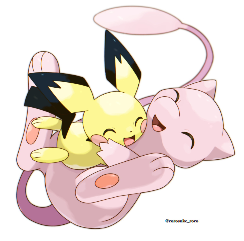 ambiguous_gender duo embrace feral fur hi_res hug legendary_pok&eacute;mon lying mew nintendo on_back on_front pichu pink_body pink_fur pok&eacute;mon pok&eacute;mon_(species) rorosuke_roro simple_background video_games white_background yellow_body yellow_fur