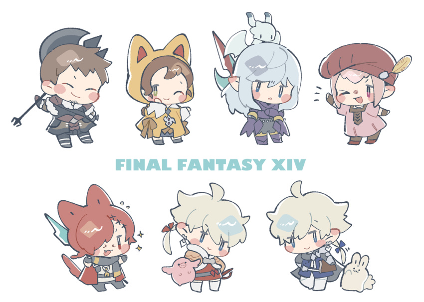 &gt;_o 3girls 4boys :3 ^_^ alisaie_leveilleur alphinaud_leveilleur animal_ears animal_hood ardbert_(ff14) armor axe beret blue_bow blush_stickers bow bright_pupils brown_hair cat_ears cat_hood cat_tail chibi closed_eyes closed_mouth copyright_name dragon earrings elezen elf estinien_varlineau facial_hair facial_mark final_fantasy final_fantasy_xiv flying_sweatdrops fur_trim futong_jun g'raha_tia green_eyes hair_bow hair_ornament hair_over_one_eye hairclip hat hat_feather head_tilt holding holding_axe holding_weapon hood hood_up hyur jewelry krile_mayer_baldesion_(ff14) lalafell long_hair long_sleeves miqo'te multiple_boys multiple_girls notice_lines one_eye_closed open_mouth pig pink_hair pointy_ears polearm ponytail rabbit red_bow red_eyes red_hair scarf short_hair simple_background smile spear star_(symbol) stubble tail tataru_taru triangle_mouth weapon weapon_on_back white_background white_pupils x_hair_ornament