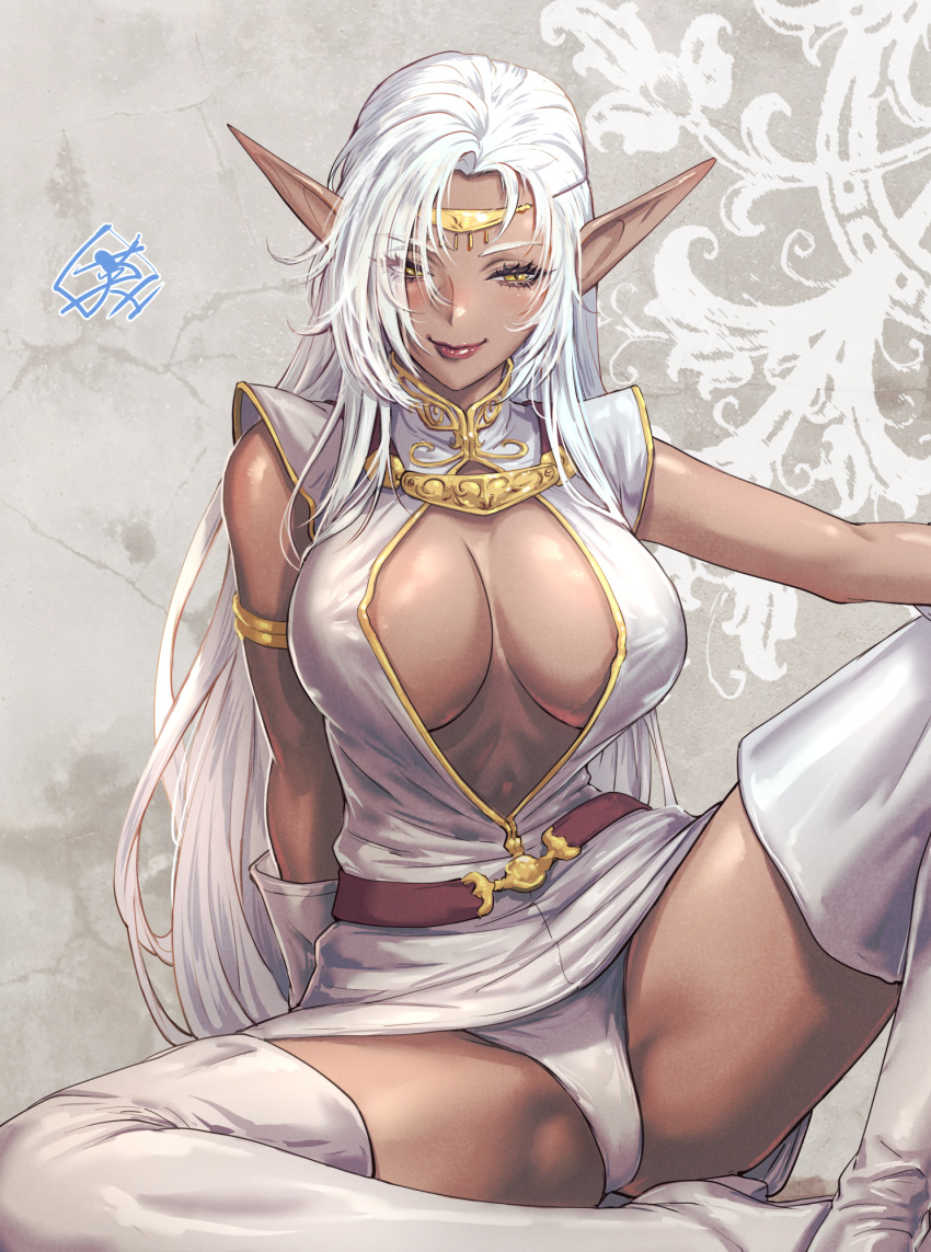1girl bangs belt boots breasts circlet cleavage_cutout closed_mouth clothing_cutout commentary_request dark-skinned_female dark_elf dark_skin dress elf fujii_eishun gold_trim hair_over_one_eye highres knee_up large_breasts lips long_hair looking_at_viewer panties pirotess pointy_ears record_of_lodoss_war shiny shiny_skin short_dress signature simple_background sitting sleeveless smile solo thigh_boots thighs underwear white_dress white_footwear white_hair white_panties yellow_eyes