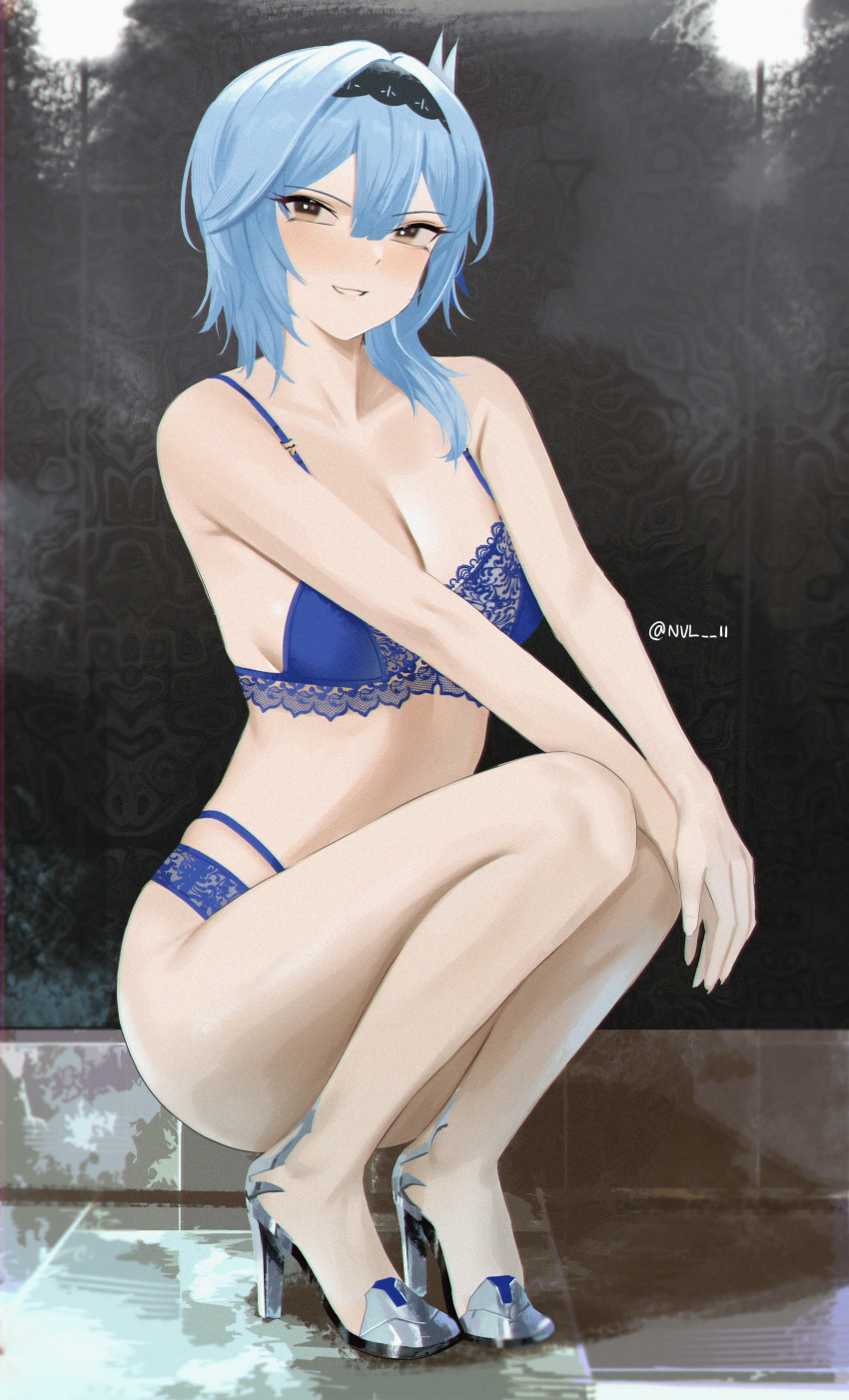 1girl absurdres bangs bare_shoulders black_hairband blue_bra blue_hair blue_panties blush bra breasts brown_eyes cleavage collarbone eula_(genshin_impact) genshin_impact grin hair_ornament hairband high_heels highres large_breasts looking_at_viewer medium_hair nvl panties sidelocks smile solo squatting underwear