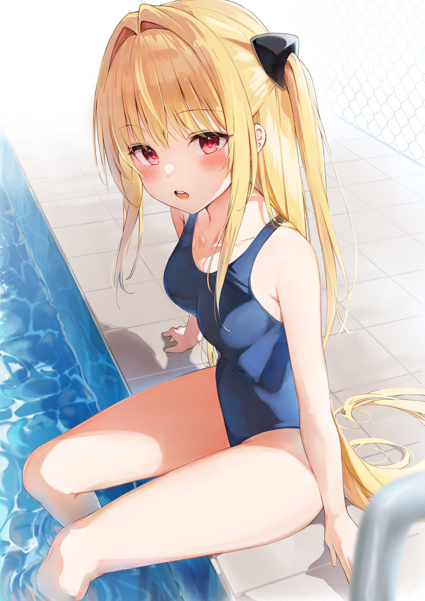 1girl auui bikini blonde_hair blush breasts hair_ornament highres konjiki_no_yami long_hair looking_at_viewer open_mouth red_eyes small_breasts solo swimsuit to_love-ru underwear very_long_hair
