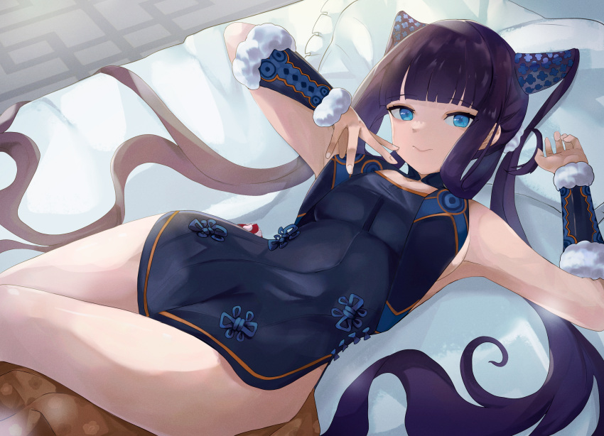 1girl absurdres armpits bangs bare_shoulders black_dress blue_eyes blunt_bangs blush breasts chankuro china_dress chinese_clothes cleavage detached_sleeves dress fate/grand_order fate_(series) hair_ornament highres large_breasts long_hair looking_at_viewer lying on_back purple_hair side_slit sidelocks solo thighs twintails very_long_hair yang_guifei_(fate)