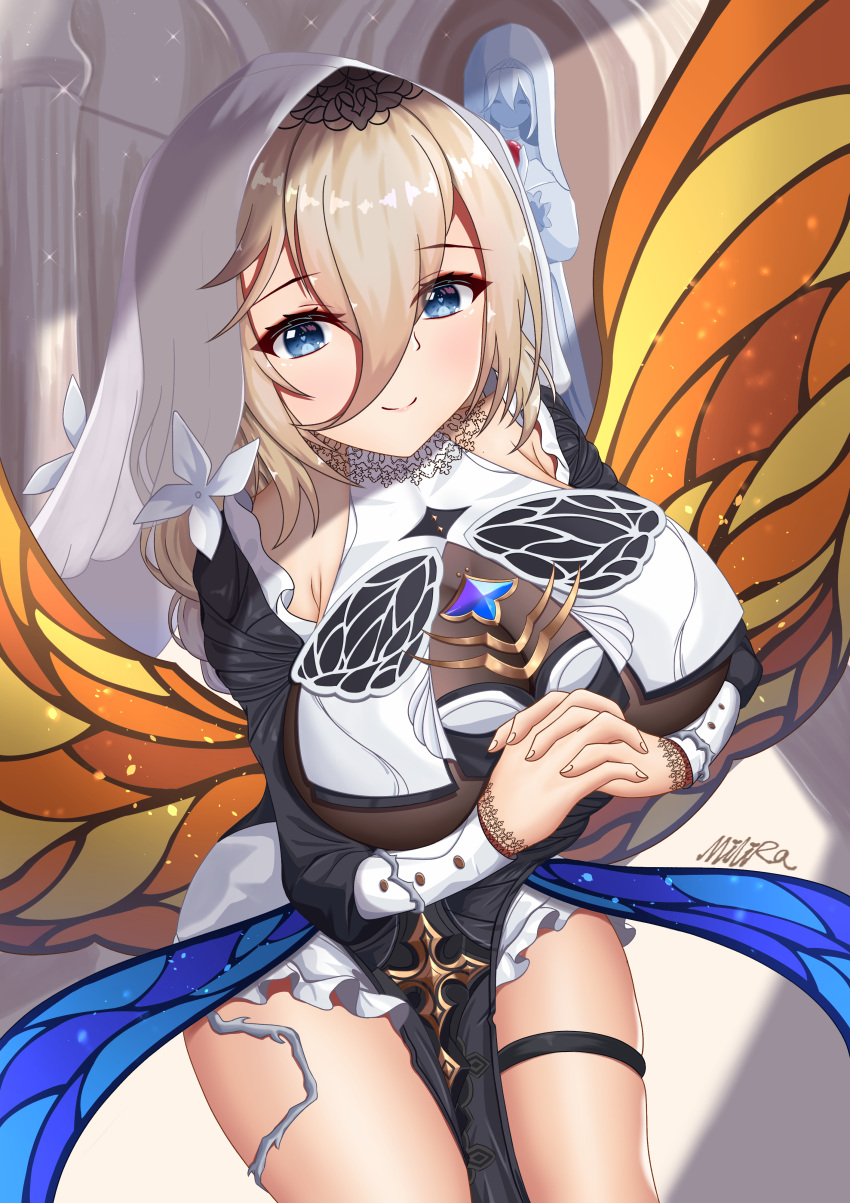 1girl absurdres aponia_(honkai_impact) artist_name bangs black_dress blue_eyes breasts brown_hair butterfly_wings cleavage closed_mouth dress hair_between_eyes highres honkai_(series) honkai_impact_3rd large_breasts long_hair long_sleeves looking_at_viewer milira nun own_hands_together signature smile solo thighs veil wings
