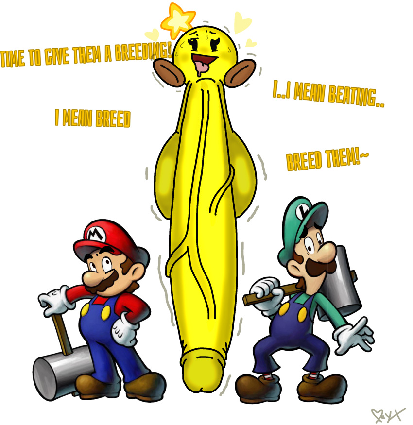 absurd_res balls big_balls big_penis brown_clothing brown_footwear brown_shoes clothing dazed dizzy facial_hair female footwear genitals green_overalls group hammer hi_res huge_balls huge_penis hyper hyper_balls hyper_genitalia hyper_penis luigi male mario mario_and_luigi_(series) mario_bros mustache nintendo onyx666 penis red_overalls shoes small_but_hung star star_sprite starlow surprised_expression tongue tongue_out tools trio vein veiny_penis video_games waddling_head worried_look