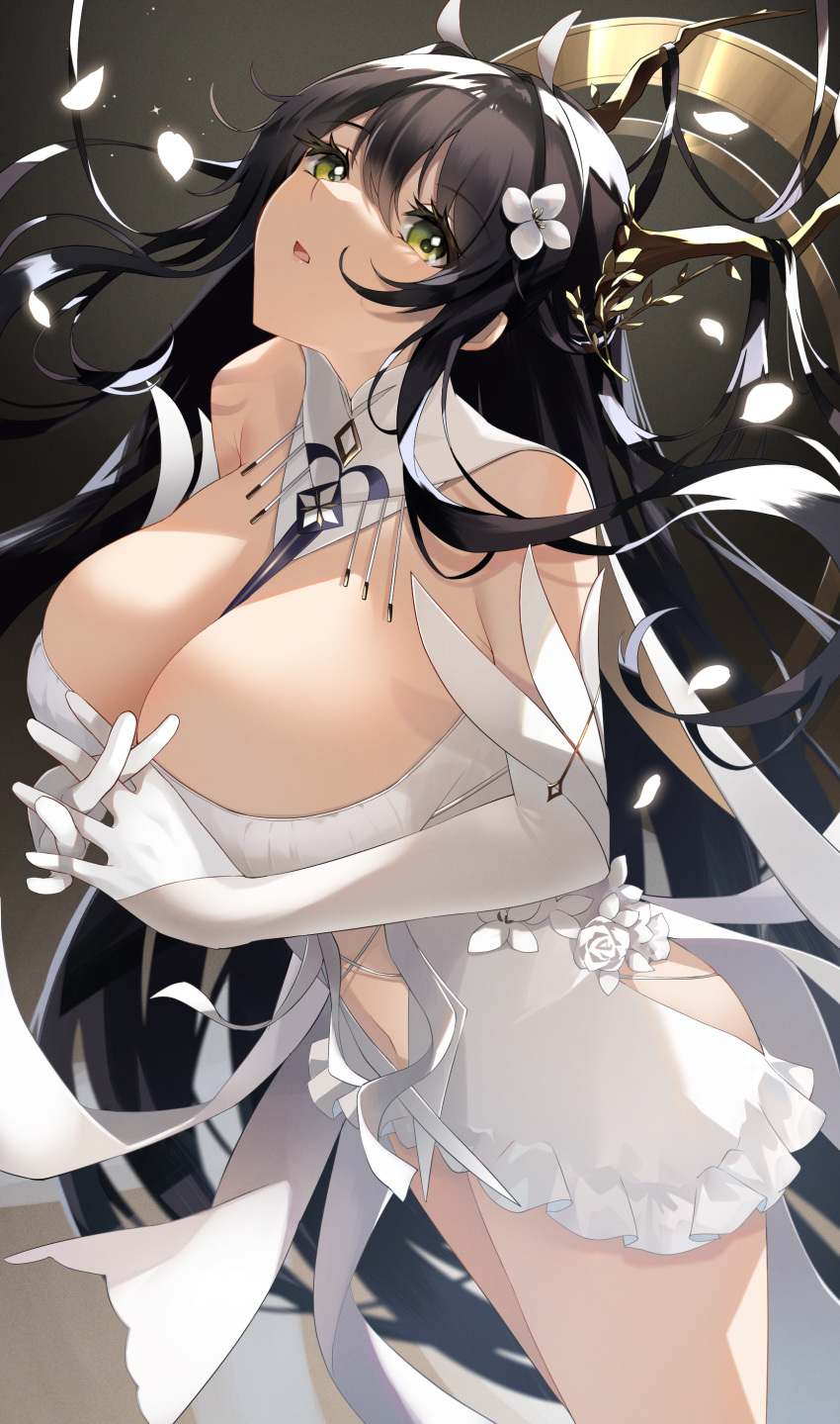 1girl absurdres azur_lane bangs bare_shoulders black_hair blush breasts center_opening cleavage detached_collar dress elbow_gloves flower gloves green_eyes hair_flower hair_ornament hair_ribbon highres indomitable_(azur_lane) large_breasts long_hair looking_at_viewer navel neck_ribbon open_mouth ribbon solo thighs very_long_hair white_dress white_gloves yamaha_tsui