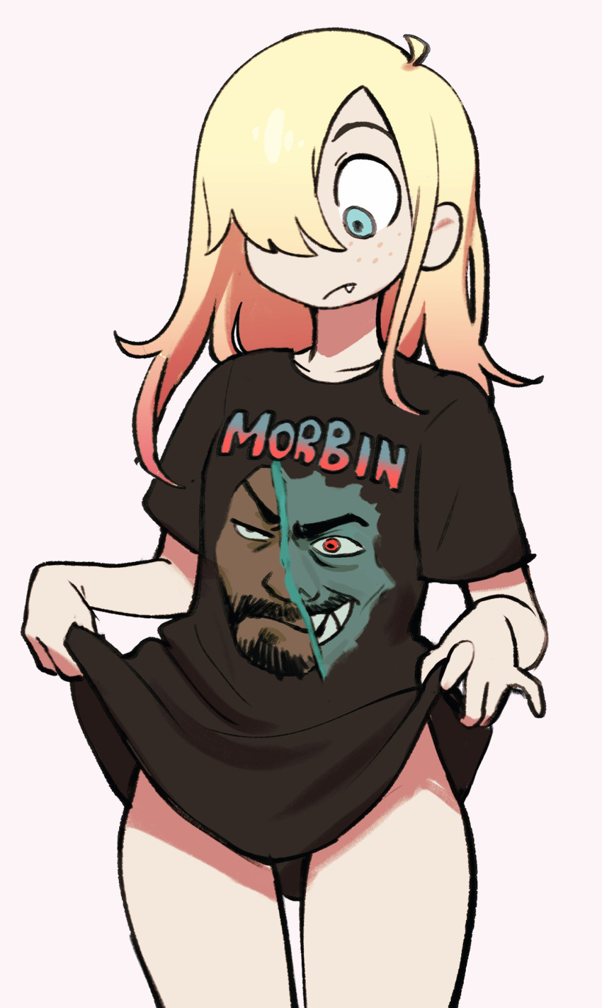 absurdres blonde_hair blue_eyes brown_shirt closed_mouth clothes_lift colo_(nagrolaz) cowboy_shot fang fang_out freckles hair_over_one_eye highres it's_morbin'_time_(meme) long_hair marvel meme merchandise morbius morbius_(film) naked_shirt one_eye_covered print_shirt shirt shirt_lift short_sleeves simple_background standing white_background wide-eyed