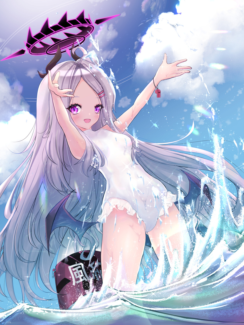 1girl :d absurdres ahoge armpits arms_up bangs blue_archive blue_sky cloud cloudy_sky commentary_request demon_girl demon_horns demon_wings eyebrows_visible_through_hair forehead grey_hair hair_ornament hairclip halo highres hina_(blue_archive) horizon horns in_water innertube leaning_back long_hair looking_at_viewer ocean one-piece_swimsuit p_ion parted_bangs purple_eyes sidelocks sky smile solo swimsuit whistle white_swimsuit wings