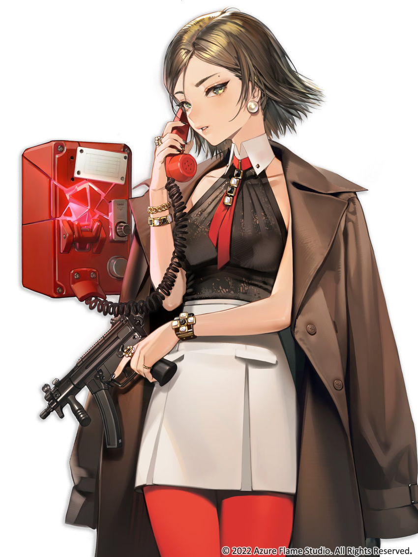 1girl bracelet brown_hair buttons coat coat_on_shoulders commentary_request copyright_name corded_phone covered_collarbone earrings fingernails green_eyes gun h&amp;k_mp5 highres holding holding_weapon jewelry lips looking_at_viewer mole nail_polish necktie original pantyhose parted_lips payphone phone quuni red_legwear ring short_hair simple_background skirt solo submachine_gun trigger_discipline weapon