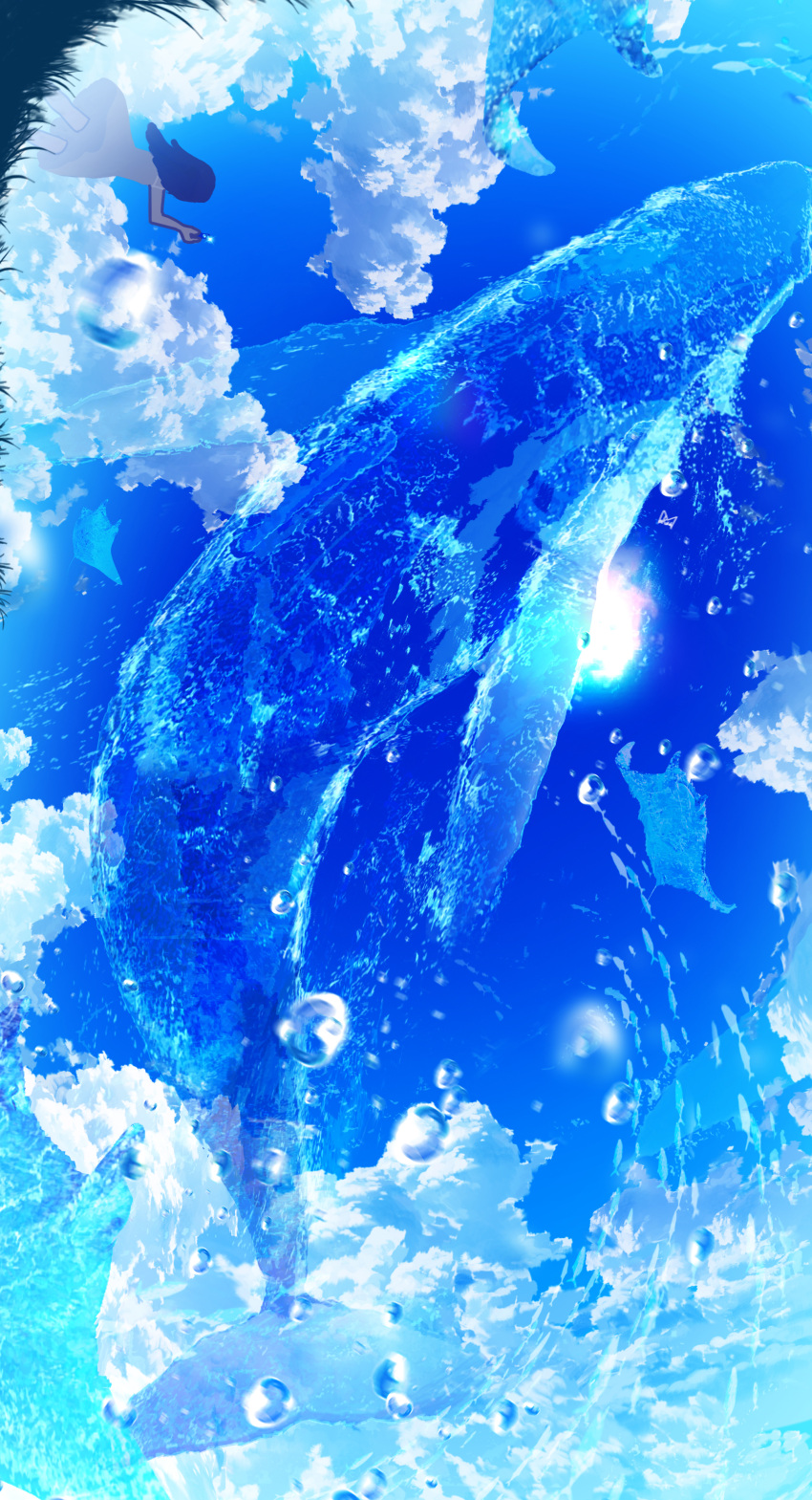 1girl absurdres arm_up cloud commentary facing_away from_behind from_side highres makoron117117 manta_ray original outdoors scenery school_of_fish sky solo summer upside-down water whale