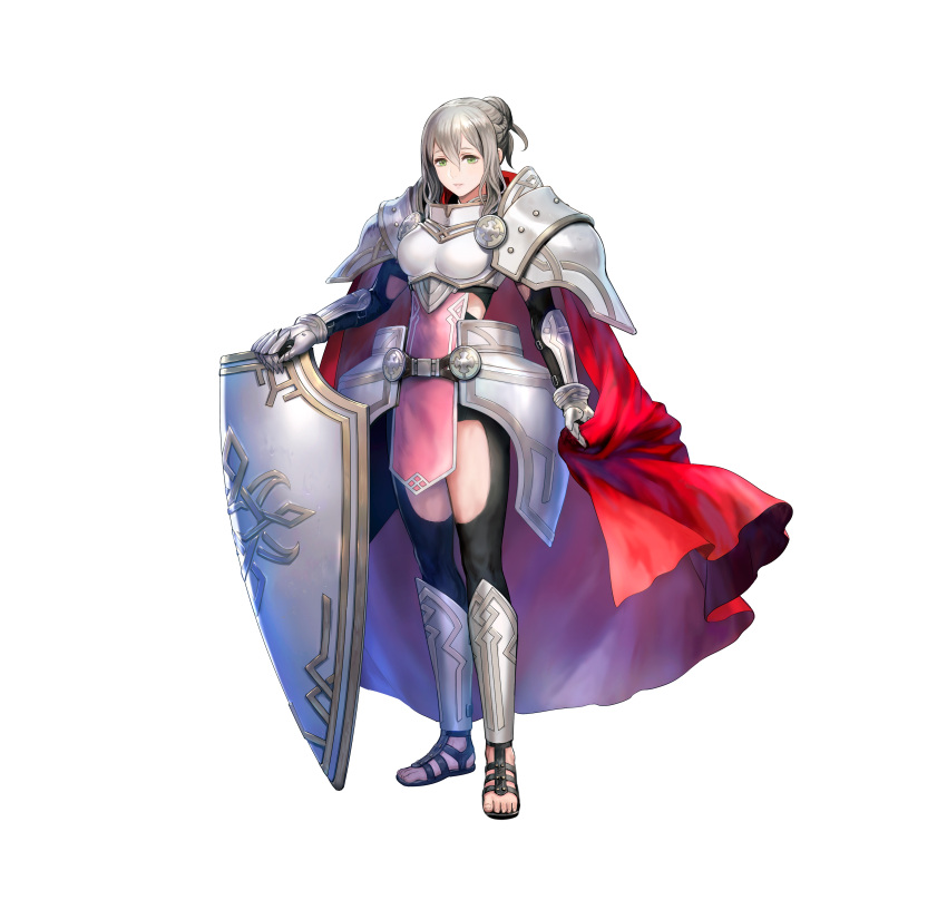 1girl absurdres alternate_costume armor asatani_tomoyo bangs bodysuit bodysuit_under_clothes breastplate cape commentary_request dress effie_(fire_emblem) fire_emblem fire_emblem_fates fire_emblem_heroes full_body gauntlets green_eyes grey_hair hair_bun highres holding lips looking_at_viewer official_art parted_lips pelvic_curtain red_cape shield shiny shiny_hair short_dress shoulder_armor simple_background smile solo standing toeless_footwear toes white_background