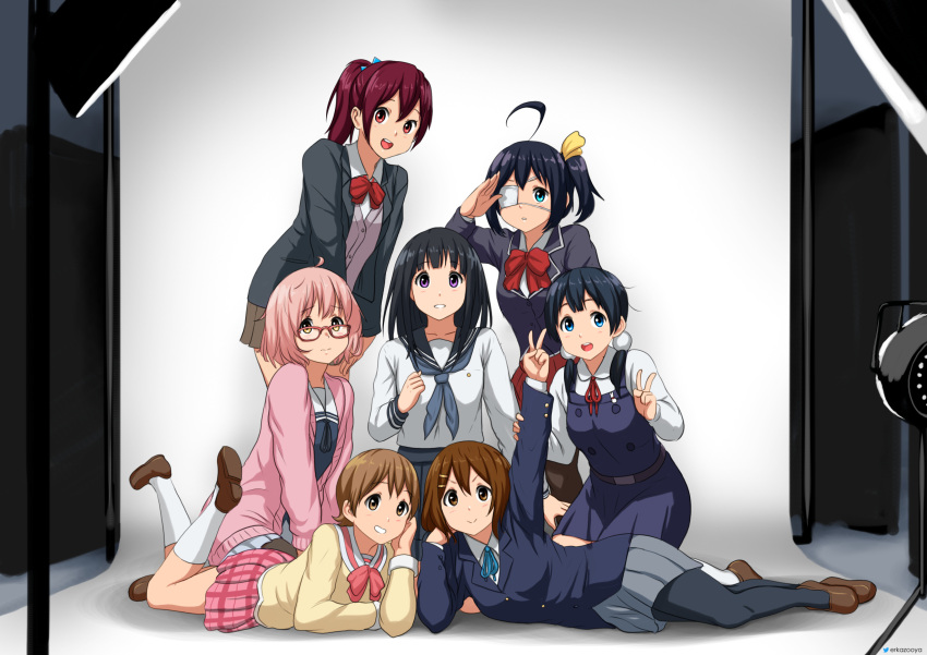 6+girls ahoge aioi_yuuko aqua_eyes arm_up bangs black_hair black_jacket black_legwear black_sailor_collar blue_eyes blue_ribbon bow bowtie brown_eyes brown_footwear brown_hair brown_skirt cardigan character_request chitanda_eru chuunibyou_demo_koi_ga_shitai! collared_shirt copyright_request erkaz glasses grey_neckerchief grey_skirt hair_ornament hairclip highres hirasawa_yui hyouka icho_private_high_school_uniform jacket k-on! kamiyama_high_school_uniform kitashirakawa_tamako kuriyama_mirai kyoto_animation kyoukai_no_kanata long_hair long_sleeves lying medium_hair multiple_girls neck_ribbon neckerchief nichijou on_stomach pantyhose parted_lips pink_cardigan pink_hair pink_skirt plaid plaid_skirt pleated_skirt ponytail purple_eyes red-framed_eyewear red_bow red_bowtie red_eyes red_hair red_ribbon ribbon sailor_collar sakuragaoka_high_school_uniform salute school_uniform shirt shoes short_hair sitting skirt smile socks standing takanashi_rikka tamako_market tokisadame_school_uniform twintails v white_legwear white_shirt wide_shot yellow_eyes