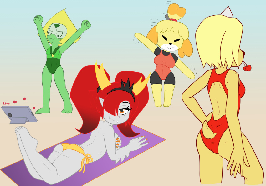 adventure_time alien animal_crossing anthro bikini bikini_bottom breasts bronwyn butt canid canine cartoon_network clothed clothing demon disney female gem_(species) group hekapoo hi_res humanoid hybrid isabelle_(animal_crossing) kamikiller mammal nintendo peridot_(steven_universe) pigtails side_boob star_vs._the_forces_of_evil steven_universe swimwear topless video_games