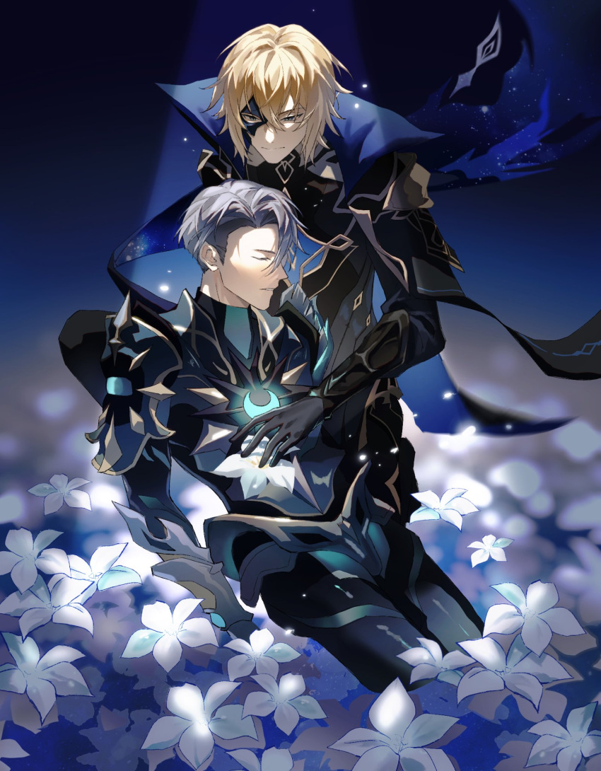 2boys armored_boots bangs black_gloves blonde_hair blue_eyes boots cape closed_eyes closed_mouth dainsleif_(genshin_impact) death english_commentary genshin_impact gloves grey_hair hair_between_eyes halfdan_(genshin_impact) hand_on_own_chest high_collar highres iamkumaaa jacket long_sleeves male_focus mask mask_over_one_eye multiple_boys sad short_hair simple_background star-shaped_pupils star_(symbol) symbol-shaped_pupils two-sided_cape two-sided_fabric uniform