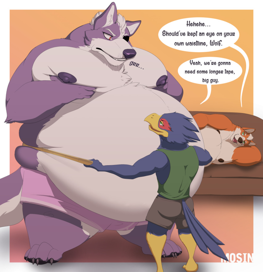 anthro avian belly big_belly bird canid canine canis falco_lombardi fox fox_mccloud group lying male male/male mammal mosin nintendo on_side overweight overweight_male star_fox tape_measure trio video_games weight_gain wolf wolf_o'donnell