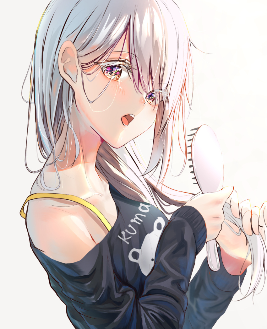 1girl bare_shoulders comb combing from_side grey_hair highres holding holding_comb kinoruru_toiro light looking_at_viewer looking_to_the_side messy_hair morning open_mouth original pajamas purple_eyes simple_background solo white_background