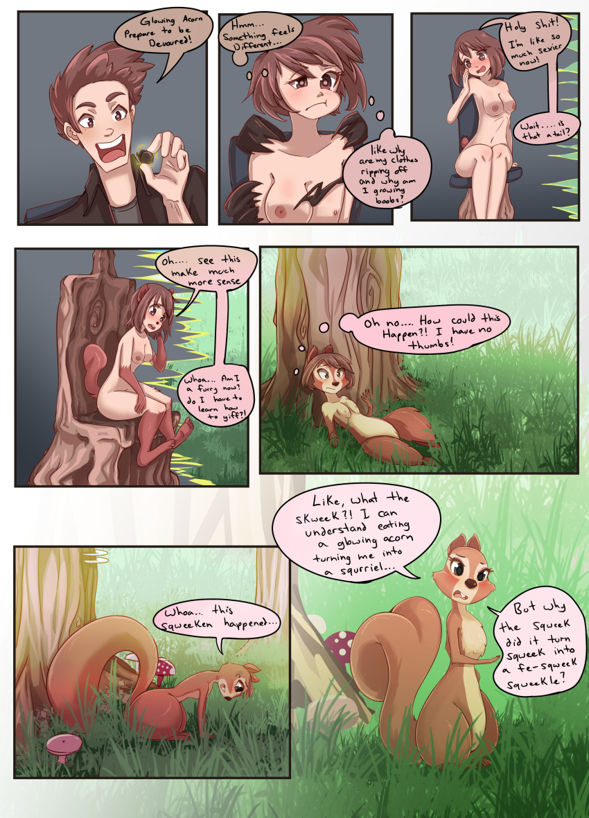 2019 absurd_res acorn anthro blush breasts clothing colored comic dialogue digital_drawing_(artwork) digital_media_(artwork) digitigrade female feral food forest fruit fungus fur fur_growth gender_transformation growth hi_res human human_to_feral humor loss_of_dexterity loss_of_speech male mammal mtf_transformation mushroom nipples nude nut_(fruit) plant plantigrade plantigrade_to_digtigrade profanity railgun04 reality_change reality_warping rodent sciurid sequence shrinking shrinking_breast size_transformation solo species_transformation speech_bubble tail_growth text thought_bubble transformation transformation_sequence tree tree_squirrel wardrobe_malfunction
