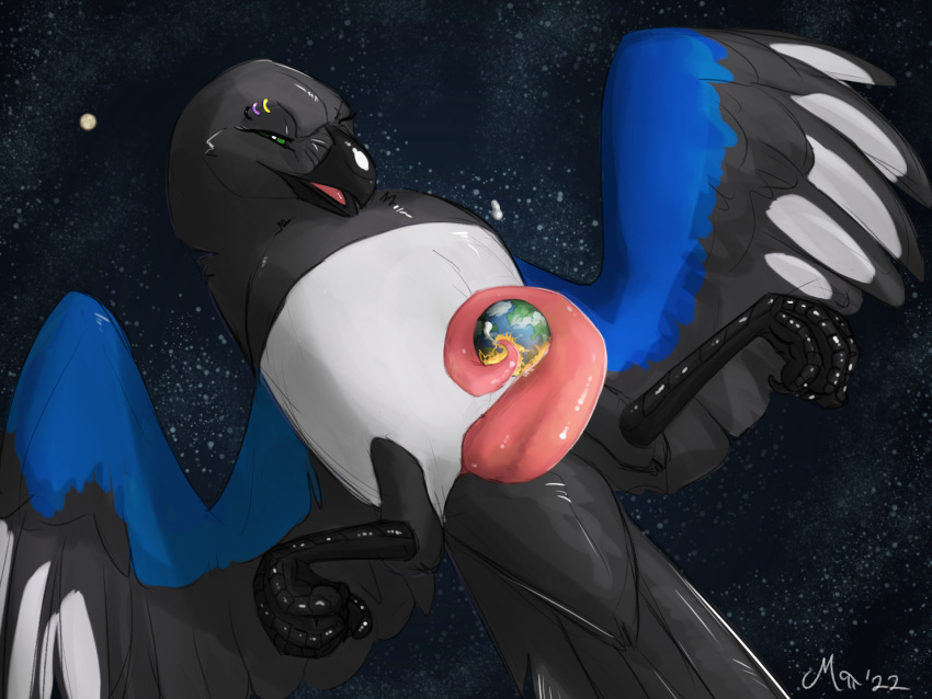2022 4:3 4_toes anisodactyl black_body black_feathers black_feet eyebrow_piercing facial_piercing feathers feet feral genitals giga green_eyes hi_res lgbt_pride looking_at_viewer macro mag_(magpi) magpi magpie_(disambiguation) male nonbinary_(lore) nonbinary_pride_colors penis piercing pink_penis planet_destruction planet_earth prehensile_penis pride_colors signature solo space tapering_penis toes