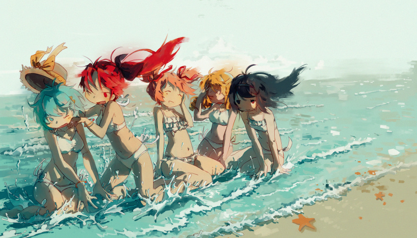 4girls ^_^ absurdres akemi_homura bangs beach bikini black_hair black_hairband blonde_hair blue_bikini blue_eyes blue_hair bow bracelet chinese_commentary closed_eyes commentary_request drill_hair eye_contact fang frilled_bikini frills hair_bow hair_ribbon hairband hand_on_own_cheek hand_on_own_face hand_up hands_on_another's_shoulders hat hat_bow headwear_removed high_ponytail highres jewelry kaname_madoka kumo02 light_blush long_hair looking_at_another mahou_shoujo_madoka_magica miki_sayaka multiple_girls navel one_eye_closed open_mouth outdoors pink_hair red_eyes red_hair ribbon sakura_kyouko shore short_hair short_twintails sky smile starfish straw_hat swimsuit tomoe_mami twin_drills twintails wading water white_bikini