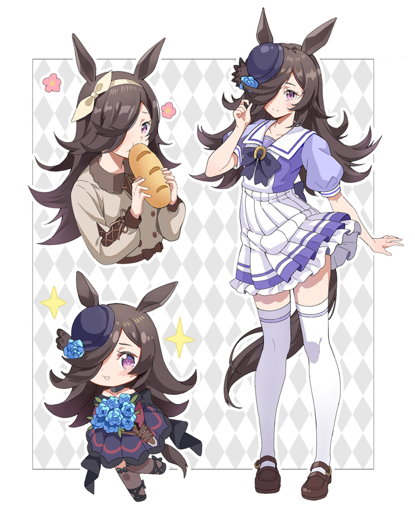 1girl animal_ears black_legwear blue_flower blue_rose blush bouquet bow bread brown_footwear brown_hair brown_shirt chibi closed_mouth dagger dress_bow eating flower food hair_over_one_eye hat hat_flower highres holding holding_food horse_ears horse_girl horse_tail hoshiko_(419401x) knife long_hair looking_at_viewer multiple_views open_mouth petticoat puffy_short_sleeves puffy_sleeves purple_eyes purple_headwear purple_shirt rice_shower_(umamusume) rose sailor_collar school_uniform shirt shoes short_sleeves skirt smile sparkle standing tail thighhighs tracen_school_uniform umamusume weapon white_legwear white_skirt