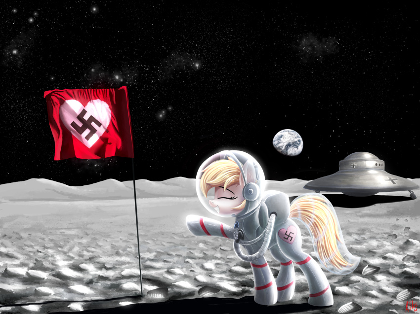 &lt;3 absurd_res aryanne_(character) atlas-66 blonde_hair earth earth_pony equid equine eyes_closed fan_character flag gesture hair hasbro hi_res horse mammal moon my_little_pony nazi nazi_salute planet pony salute smile space spacecraft spacesuit star swastika ufo vehicle