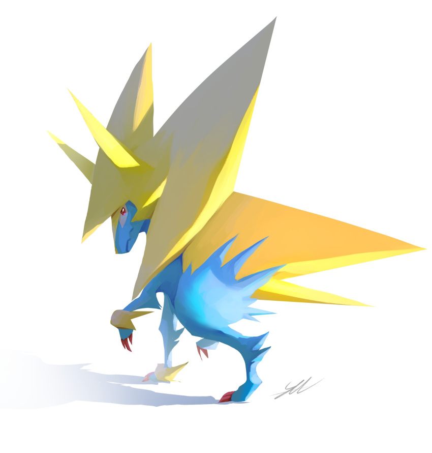 animal_focus closed_mouth commentary full_body highres likey looking_back manectric mega_manectric mega_pokemon no_humans pokemon pokemon_(creature) red_eyes signature solo spikes standing