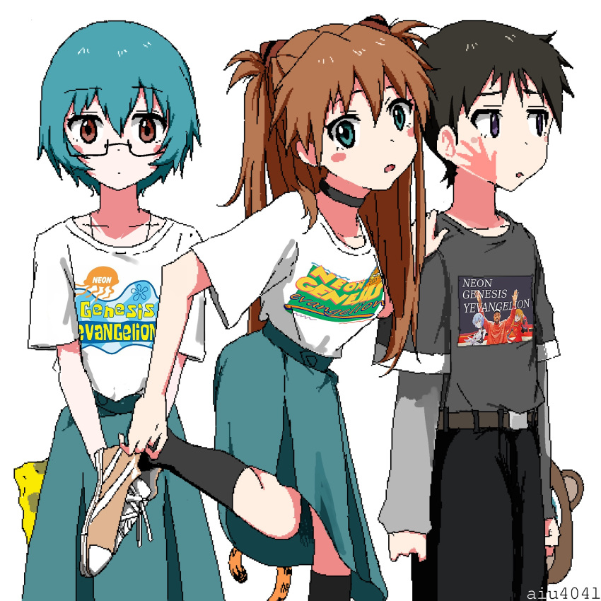 aiu404l ayanami_rei black_pants blush_stickers garfield garfield_(character) glasses highres ikari_shinji logo_parody multiple_boys multiple_girls neon_genesis_evangelion pants simple_background skirt souryuu_asuka_langley spongebob_squarepants spongebob_squarepants_(character) when_you_see_it white_background