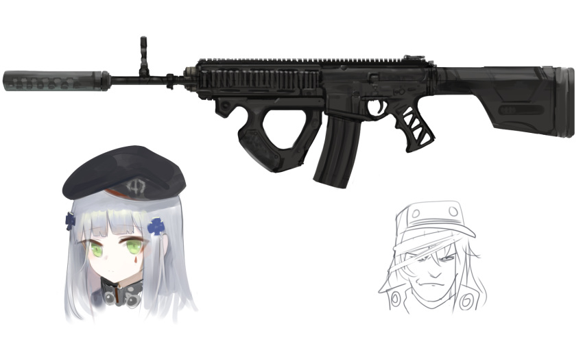 2girls bangs beret black_headwear black_jacket closed_mouth commentary cropped_shoulders dokomon english_commentary eyebrows_visible_through_hair facial_mark flat_cap g11_(girls'_frontline) girls'_frontline green_eyes grey_hair gun hair_ornament hat highres hk416_(girls'_frontline) jacket long_hair looking_at_viewer man_face multiple_girls portrait simple_background suppressor weapon weapon_request white_background