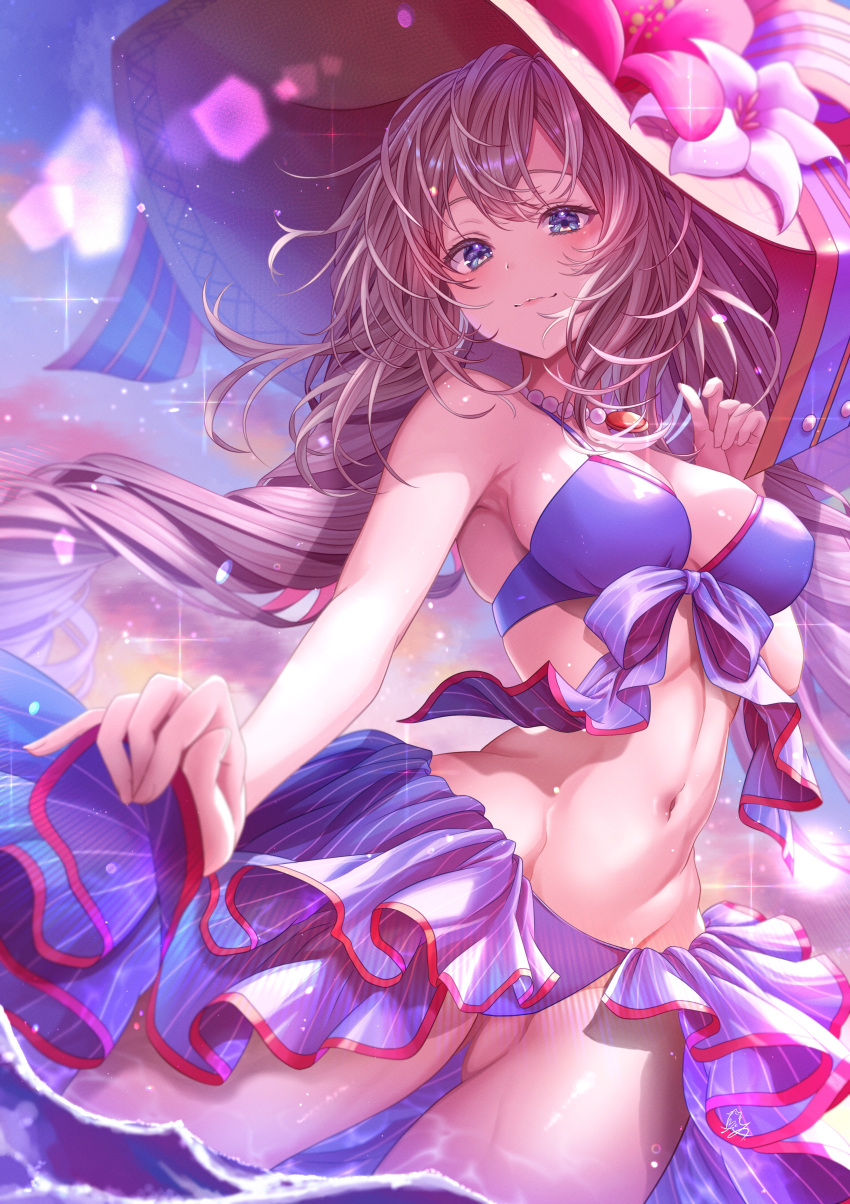 1girl absurdres bangs bare_shoulders bikini blue_bikini blue_eyes blush breasts cleavage collarbone fate/grand_order fate_(series) hat highres jewelry long_hair looking_at_viewer marie_antoinette_(fate) marie_antoinette_(swimsuit_caster)_(fate) medium_breasts navel necklace sarong sidelocks smile solo straw_hat swimsuit totomiya twintails very_long_hair white_hair