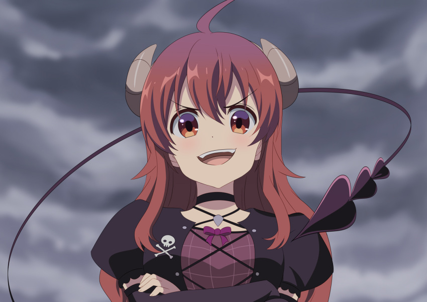 1girl :d ahoge bangs black_choker black_jacket breasts brown_eyes brown_hair choker cloud cloudy_sky commentary_request crossed_arms curled_horns day demon_girl demon_horns demon_tail derivative_work eyebrows_visible_through_hair hair_between_eyes horns jacket lilith_(machikado_mazoku) long_hair looking_at_viewer machikado_mazoku medium_breasts open_clothes open_jacket outdoors possessed puffy_short_sleeves puffy_sleeves short_sleeves sky smile solo tail upper_body v-shaped_eyebrows yoshida_yuuko_(machikado_mazoku) yutsuki_warabi