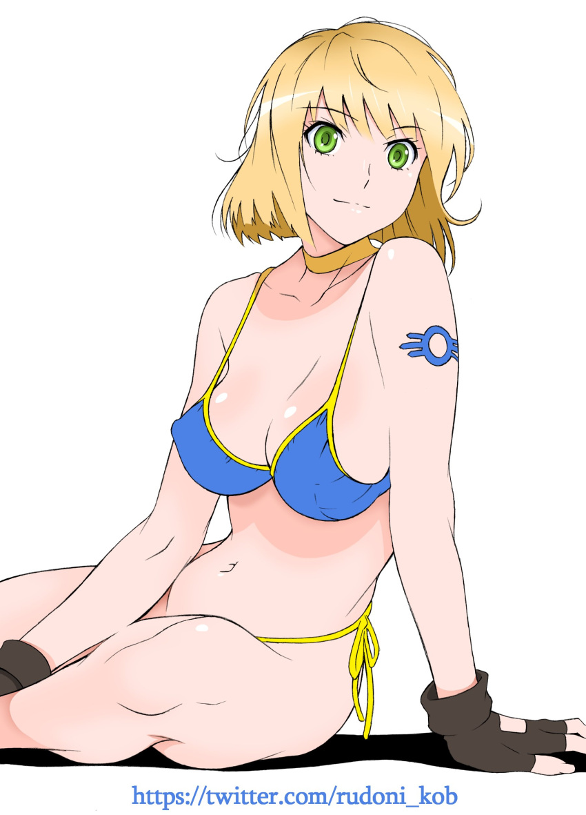 1girl absurdres bikini blonde_hair breasts cleavage fallout_(series) fallout_4 fingerless_gloves gloves green_eyes highres rudoni short_hair side-tie_bikini simple_background solo swimsuit twitter_username vault_girl web_address white_background