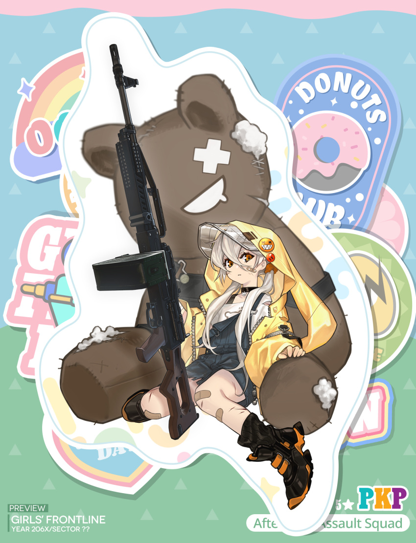 1girl artist_request bandaid bandaid_on_face bandaid_on_leg black_footwear black_overalls character_name closed_mouth coat copyright_name english_commentary girls'_frontline grey_hair gun highres hood hood_down long_hair looking_at_viewer machine_gun official_alternate_costume official_art open_clothes open_coat overalls pkp_(after-rain_assault_squad)_(girls'_frontline) pkp_(girls'_frontline) pkp_pecheneg promotional_art shirt shoes sleeves_past_fingers sleeves_past_wrists solo stuffed_animal stuffed_toy teddy_bear weapon white_shirt yellow_coat yellow_eyes younger
