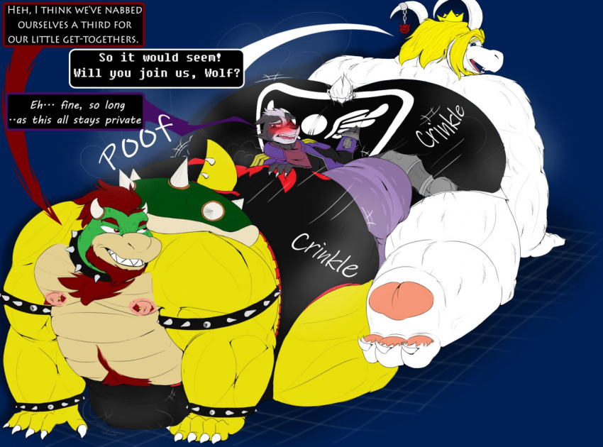 all_fours anthro asgore_dreemurr ass_to_ass between_butts bigbearbruno blushing_profusely body_hair boss_monster bovid bowser butt_bump canid canine canis caprine chest_hair chest_tuft diaper diaper_fetish goat group group_sex horn_jewelry huge_diaper koopa male male/male mammal mario_bros musclegut muscular muscular_male nintendo nipple_piercing nipples overweight overweight_male piercing scalie sex slightly_chubby soft_dom star_fox teasing thick_thighs threesome trio tuft undertale undertale_(series) video_games wolf wolf_o'donnell