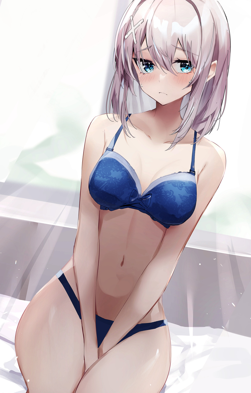 1girl absurdres bangs between_legs blue_bra blue_eyes blue_panties blush bra breasts closed_mouth cowboy_shot eyebrows_visible_through_hair frown grey_hair hair_between_eyes hair_ornament hand_between_legs highres looking_away medium_breasts medium_hair nanashinayuzu_mochi navel original panties sideways_glance sitting solo underwear v_arms x_hair_ornament